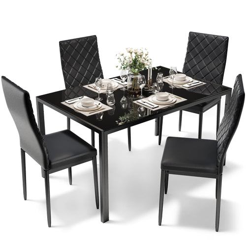5-Piece Tempered Glass Dining Table Set with PU Leather Chairs