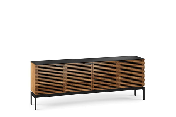 79" Modern TV Stand with Soundbar Shelf, Tempered Glass Top & Cable Management – Fits TVs up to 80"