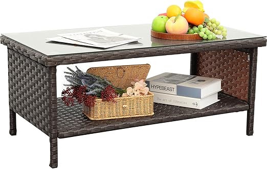 Outdoor Wicker Coffee Table with 2-Layer Glass Storage