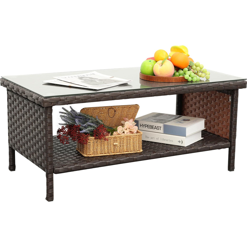 Outdoor Wicker Patio Coffee Table with 2-Layer Storage and Glass Top