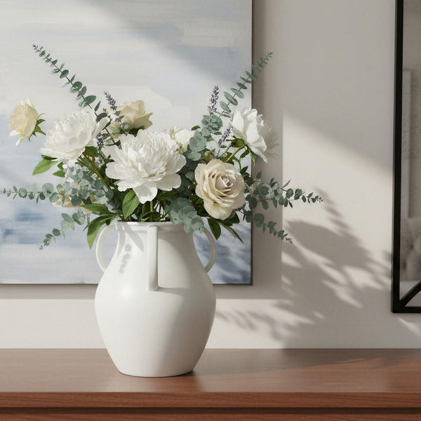Matte White Ceramic Jug Vase with Handles