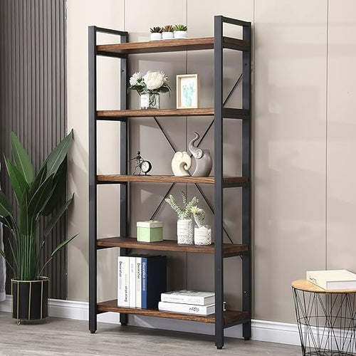 Industrial Wood & Metal Bookshelf – Multi-Tier Etagere Bookcase