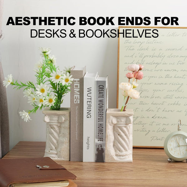 Marble Bookends with Pen Holder & Vase – Set of 2
