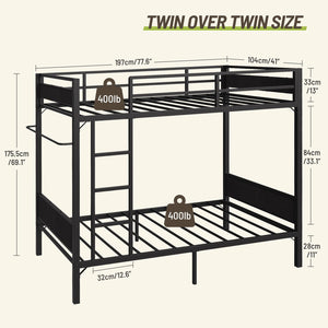 Twin Over Twin Metal Bunk Bed with Clothes Rail & Guardrail