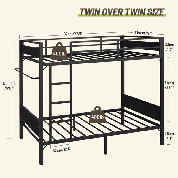 Twin Over Twin Metal Bunk Bed with Clothes Rail & Guardrail