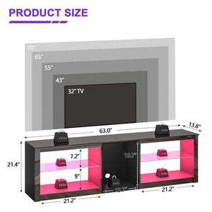 63-Inch High Gloss TV Stand with LED Lights & Glass Shelves