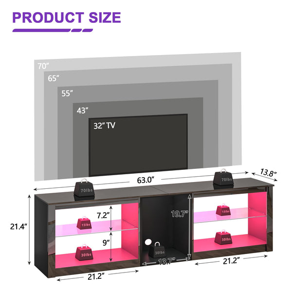 63-Inch High Gloss TV Stand with LED Lights & Glass Shelves