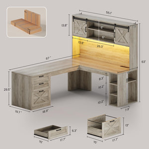 L-Shaped Desk with Hutch, Drawers, Storage Shelves & LED Lights – Grey