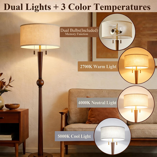 62.8" Solid Wood Floor Lamp with Linen Drum Shade & Pull Chain