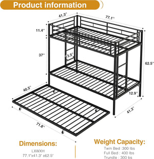 Metal Triple Bunk Bed Twin Over Twin with Trundle