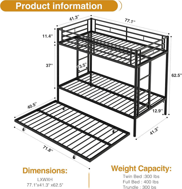 Metal Triple Bunk Bed Twin Over Twin with Trundle