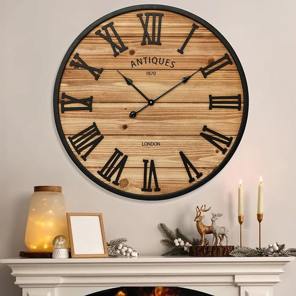 Farmhouse Wall Clock – Silent, Battery-Operated, Rustic Wood Finish
