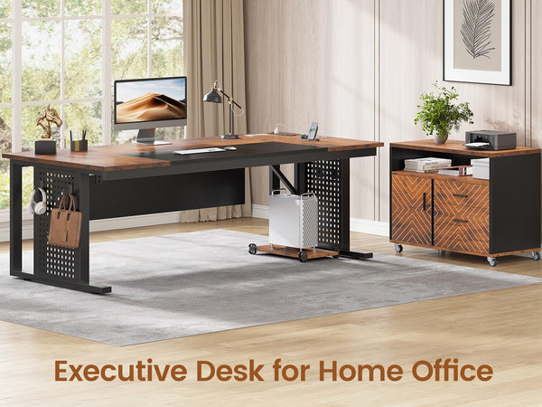 L-Shaped Executive Desk with Rolling File Cabinet, Power Outlets, CPU Stand & Pegboard