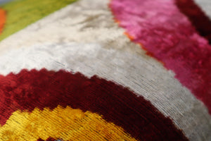 Silk Velvet Throw Pillow 16x24 – Rainbow Ikat Bohemian Accent Cushion