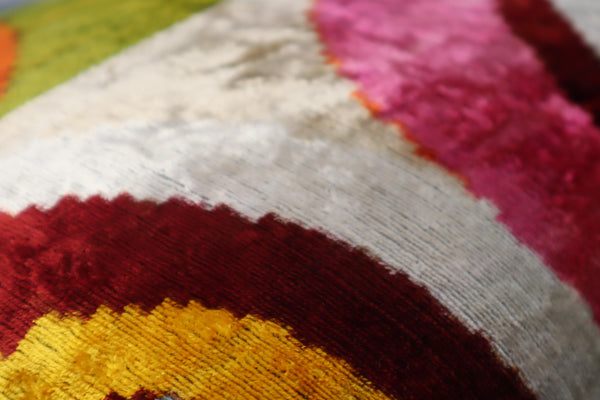 Silk Velvet Throw Pillow 16x24 – Rainbow Ikat Bohemian Accent Cushion