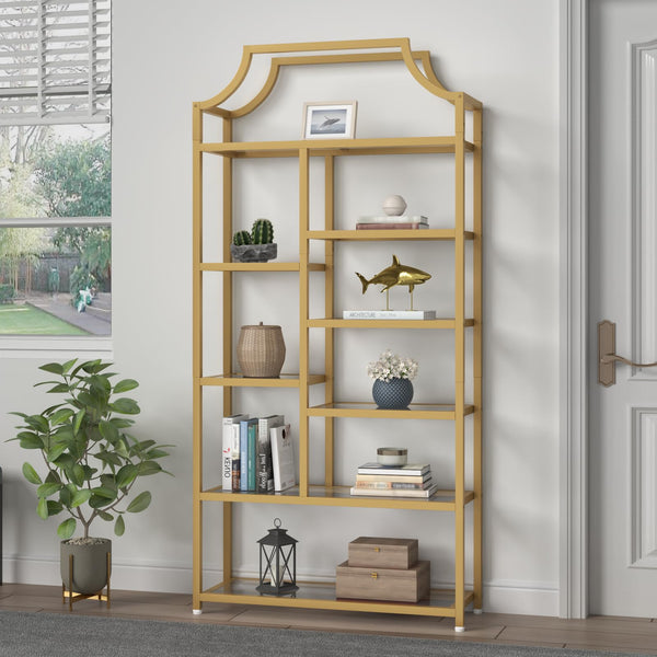 8-Shelf Tempered Glass Etagere Bookcase – Gold