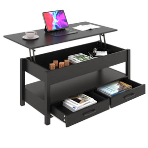 Lift Top Coffee Table with 2 Drawers and Open Shelf