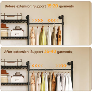 Wall Mounted Industrial Pipe Clothing Rack with 6 Rods & 8 Shelves