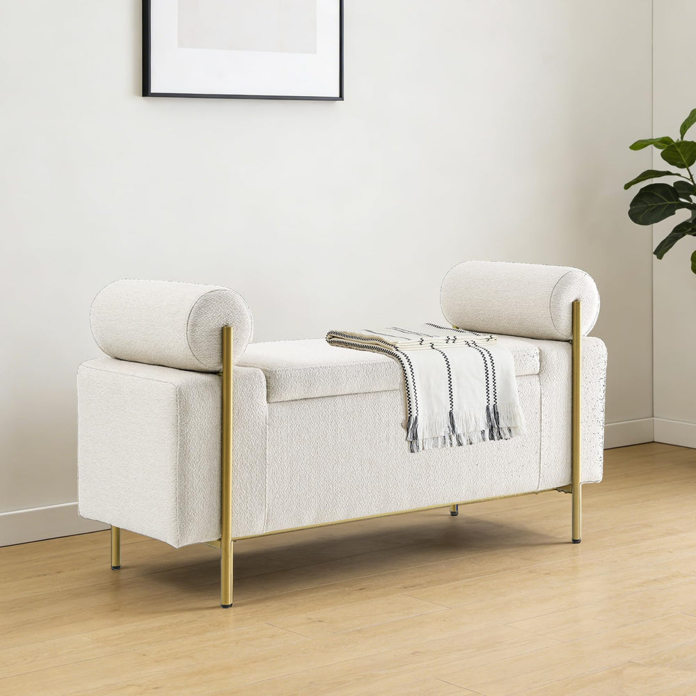 Upholstered Storage Ottoman Bench with Cylindrical Arms