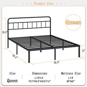 Metal Platform Bed Frame with Minimalist Headboard – 12 Inch Clearance