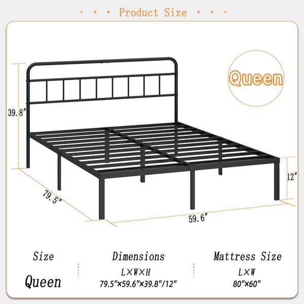 Metal Platform Bed Frame with Minimalist Headboard – 12 Inch Clearance