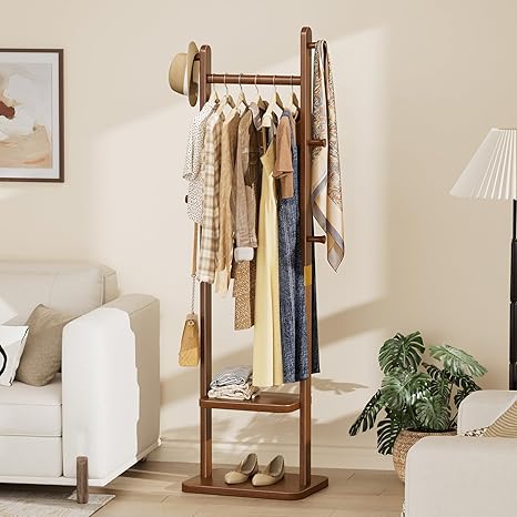 Solid Wood Coat Rack with 2-Tier Shelves, 5 Hooks & Wheels
