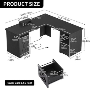 L-Shaped Desk with Power Outlets, File Drawer & Monitor Stand