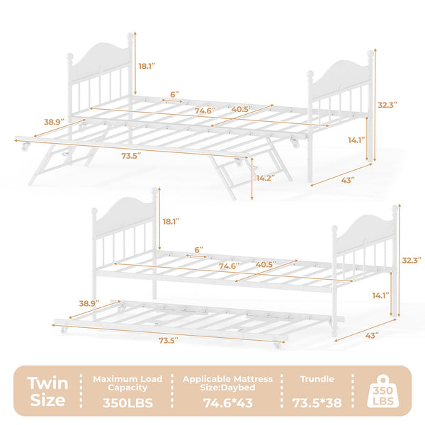 Twin Metal Daybed with Trundle and Headboard
