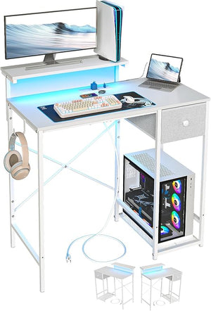 33.5" Gaming Desk with LED Lights, Power Outlets & Monitor Stand