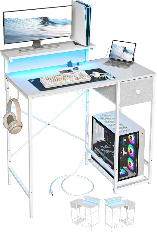 33.5" Gaming Desk with LED Lights, Power Outlets & Monitor Stand