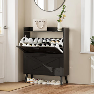Farmhouse Shoe Storage Cabinet with 2 Flip Drawers – Slim Entryway Shoe Rack