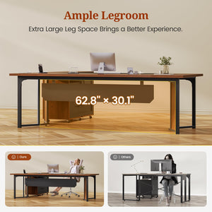 63" L-Shaped Executive Desk with File Cabinet & Power Outlets