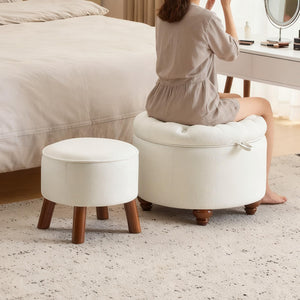 Round Storage Ottoman Set of 2 with Removable Lid & Small Stool