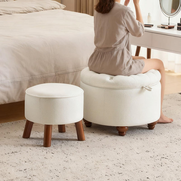 Round Storage Ottoman Set of 2 with Removable Lid & Small Stool