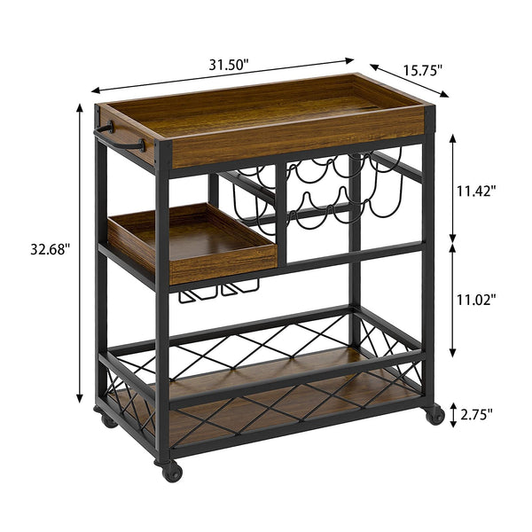 Rolling Kitchen Bar Cart with Wine Rack & Removable Trays
