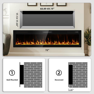 72-Inch Recessed & Wall Mount Electric Fireplace