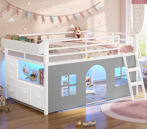 Kids Twin Low Loft Bed with Tent, Drawers & LED Lights