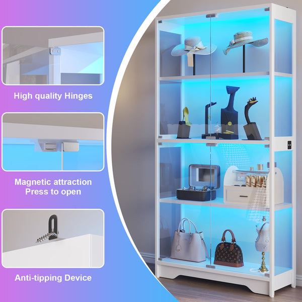 Glass Display Cabinet with LED Lights, 4-Tier Curio Cabinet, 63" Tall