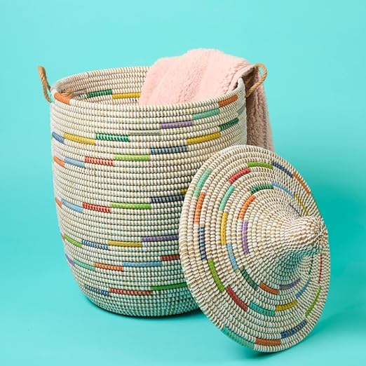 Wicker Grass Storage Basket with Removable Lid & Rope Handles – Modern Coastal