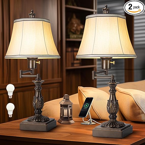 Rustic Swing Arm Table Lamp Set of 2 with USB A+C Ports