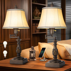 Swing Arm Table Lamp Set of 2 with USB-A & USB-C Charging Ports