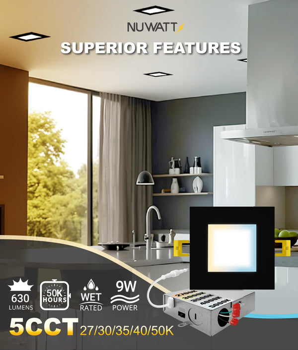 4-Inch Square Ultra-Thin LED Recessed Light – 5CCT Selectable, Dimmable, IC Rated (12-Pack)