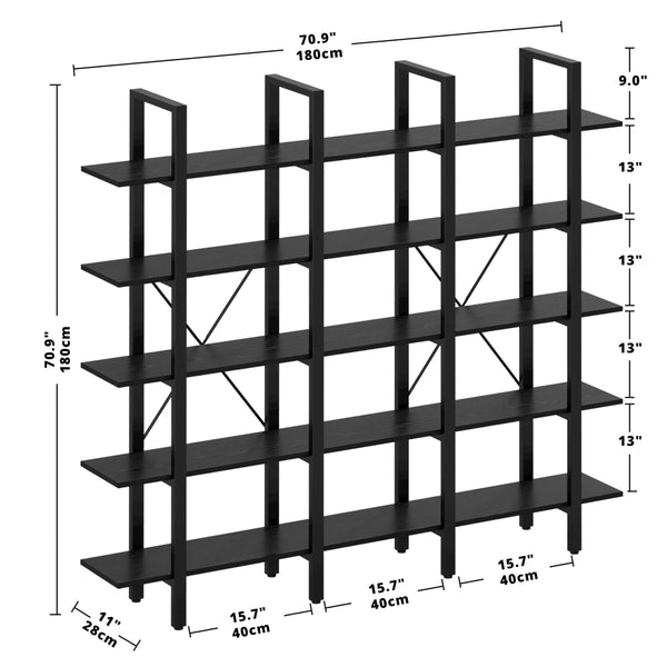 Triple Wide 5-Tier Open Bookshelf with Back Fence