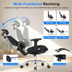 Ergonomic Mesh Office Chair with Lumbar Support, 3D Headrest & Armrests, Reclining High Back, 350 lbs