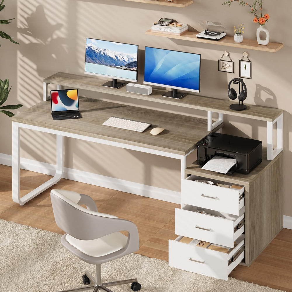 67-Inch Home Office Desk with Drawers, LED Lights & Monitor Stand