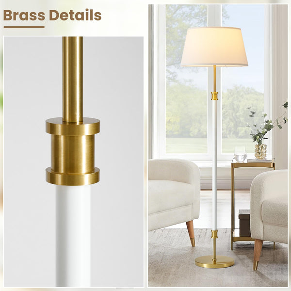 Mid-Century Floor Lamp with Linen Shade – 63" Tall, White & Brass