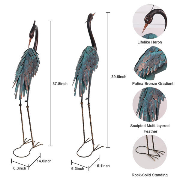 Metal Blue Heron Garden Statues Set of 2 – Outdoor Yard Art Lawn Sculptures