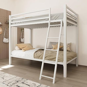 Twin Over Twin Metal Bunk Bed with Ladder and Guardrail