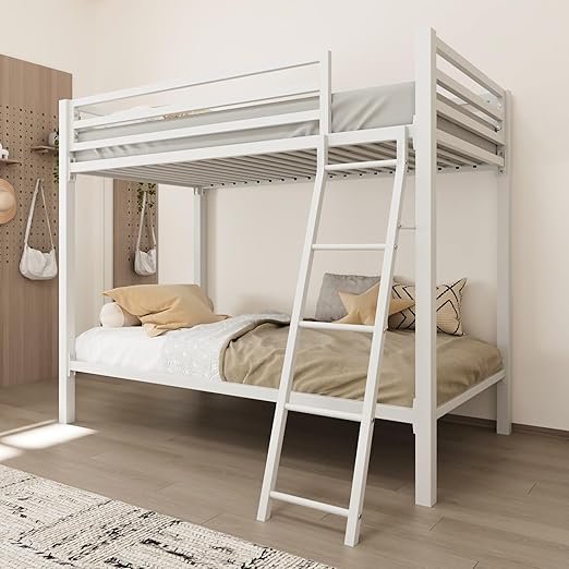 Twin Over Twin Metal Bunk Bed with Ladder and Guardrail