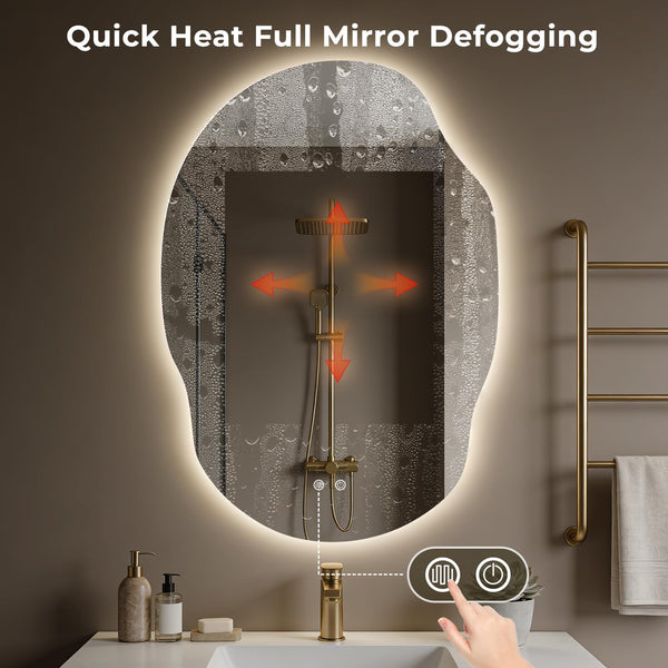 LED Backlit Bathroom Vanity Mirror – Irregular Asymmetrical Design, Anti-Fog, Dimmable 3-Color Lighting